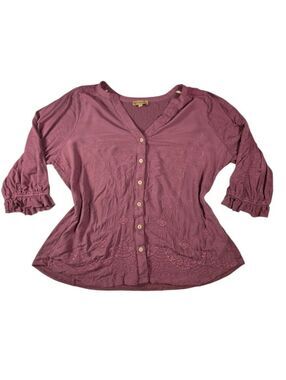 Democracy Embroidered Boho Blouse 1X Mauve Button Front Peasant Top